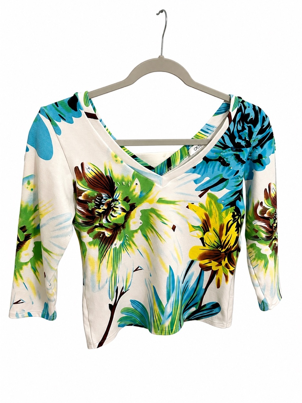 V-Neck Floral Tunic Top in White with Blue & Green Blooms